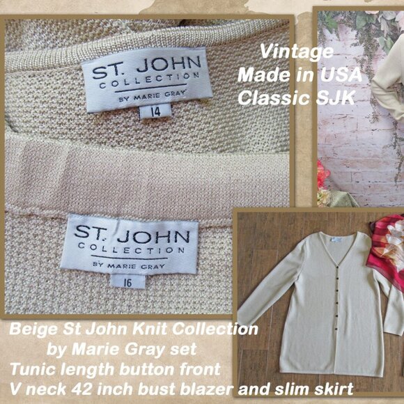 42" bust blazer & skirt set VTG beige St John Knit Collection Marie Gray classic - Picture 5 of 13